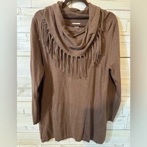 Tasha Polizzi Tan Fringe Cowl Neck Sweater